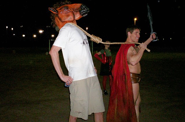 Chris as a gladiator leads his conquest--a fellow player dressed as a horse